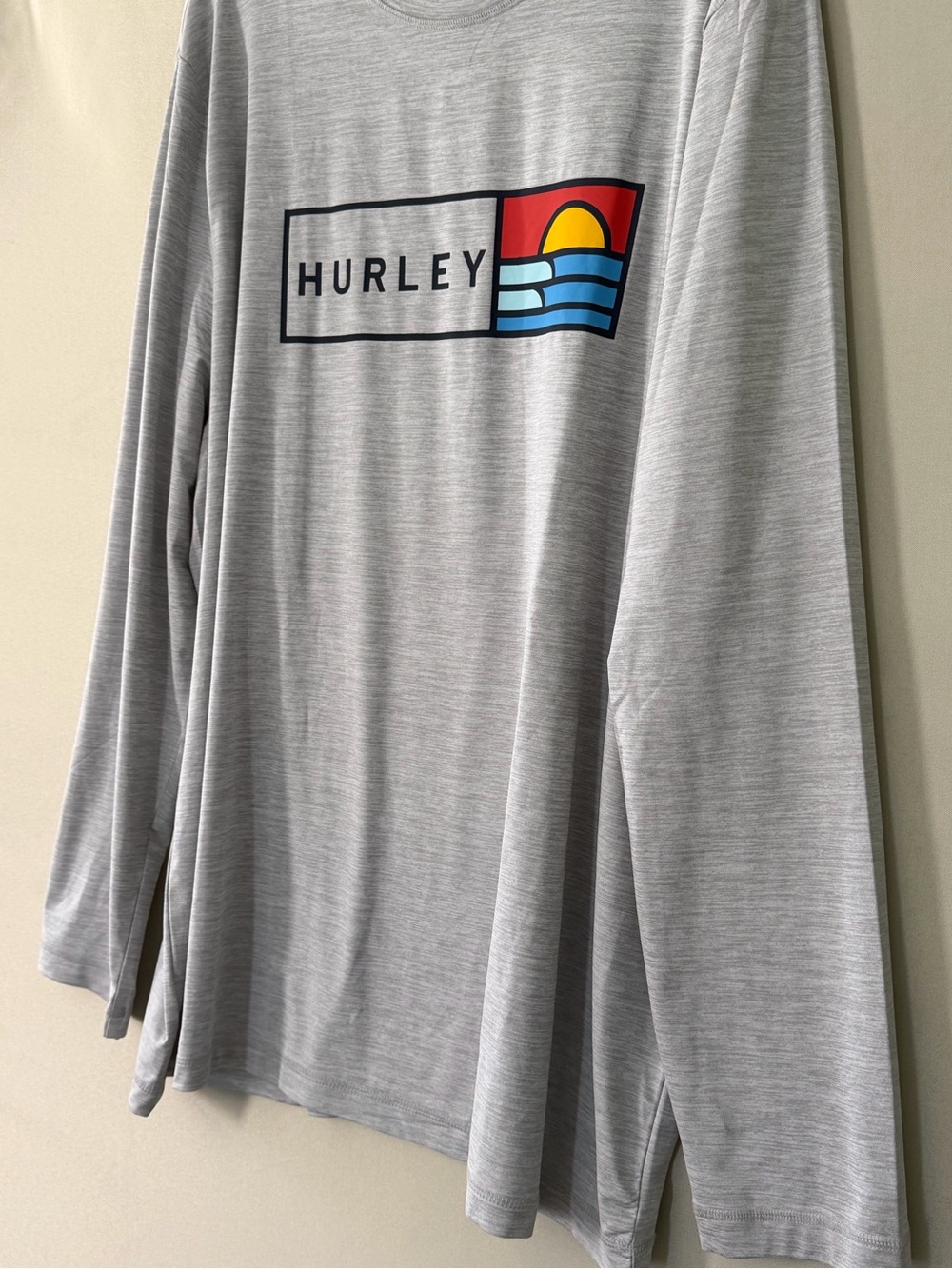 Hurley Mens Long Sleeve Graphic Tee Heather Grey Sunset Wave Logo XXL - Picture 5 of 10